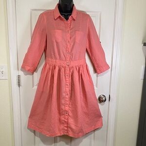 Malvin 100% Linen Coral Button-Down Dress with pockets and shell buttons Small/6